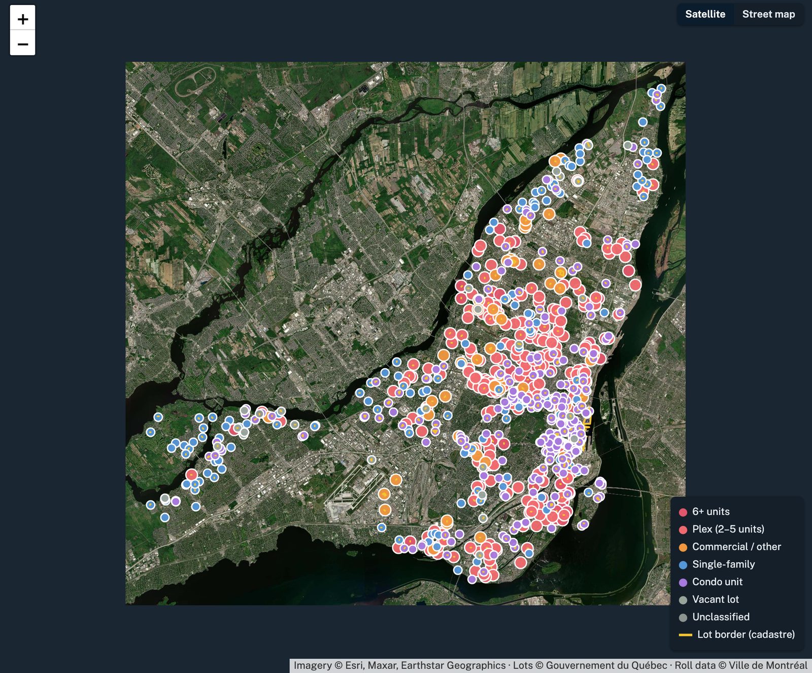 Satellite map of Montréal with 1,016 tax-sale properties as colour-coded markers